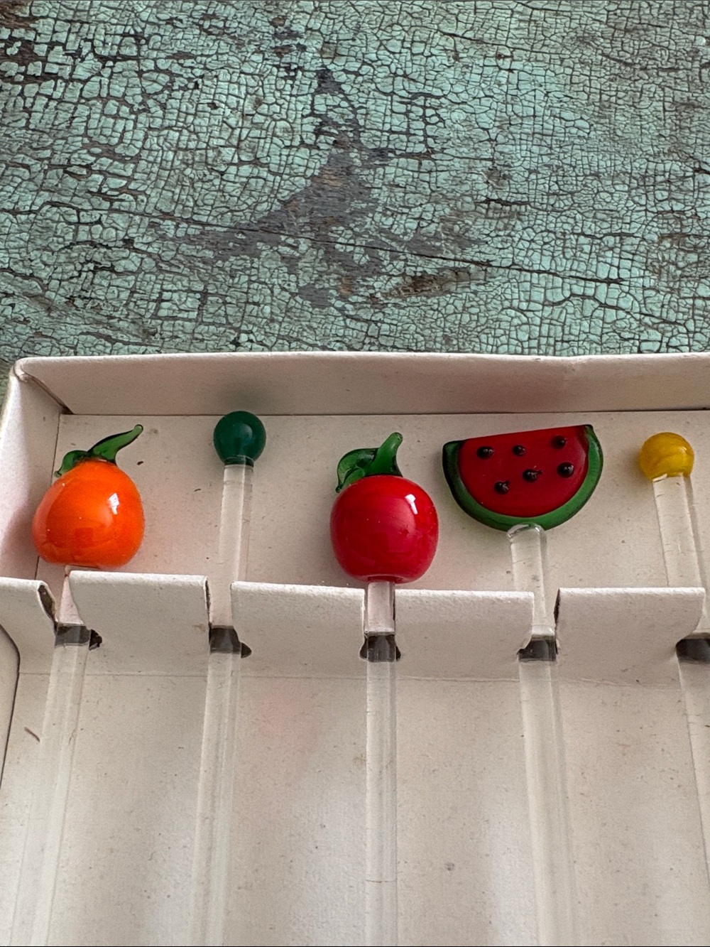 Vintage Glass Fruit Swizzle Sticks Set of 5 Cocktail Drink Stirrers - Picture 3 of 4